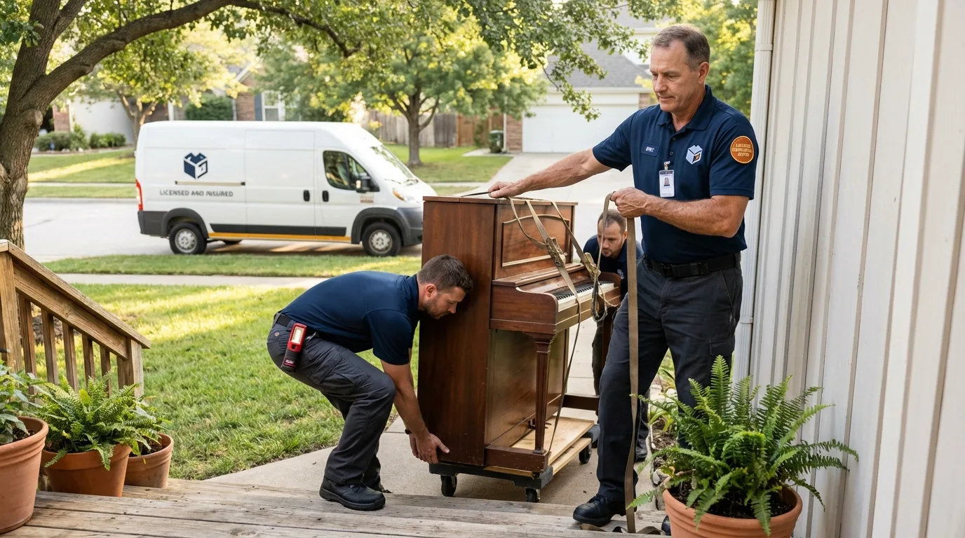 Licensed piano movers securing grand piano in Elko, NV