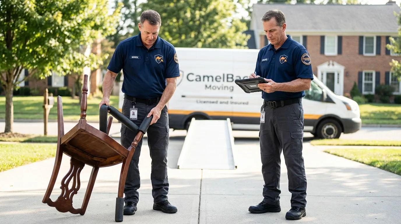 Movers inspecting furniture for damage prevention before loading in Elko, NV
